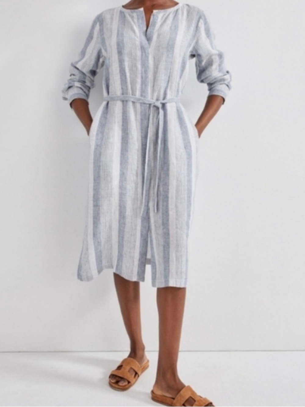 Haven Well Within linen Blue & White Striped Long Sleeve Tie-Waist Dress